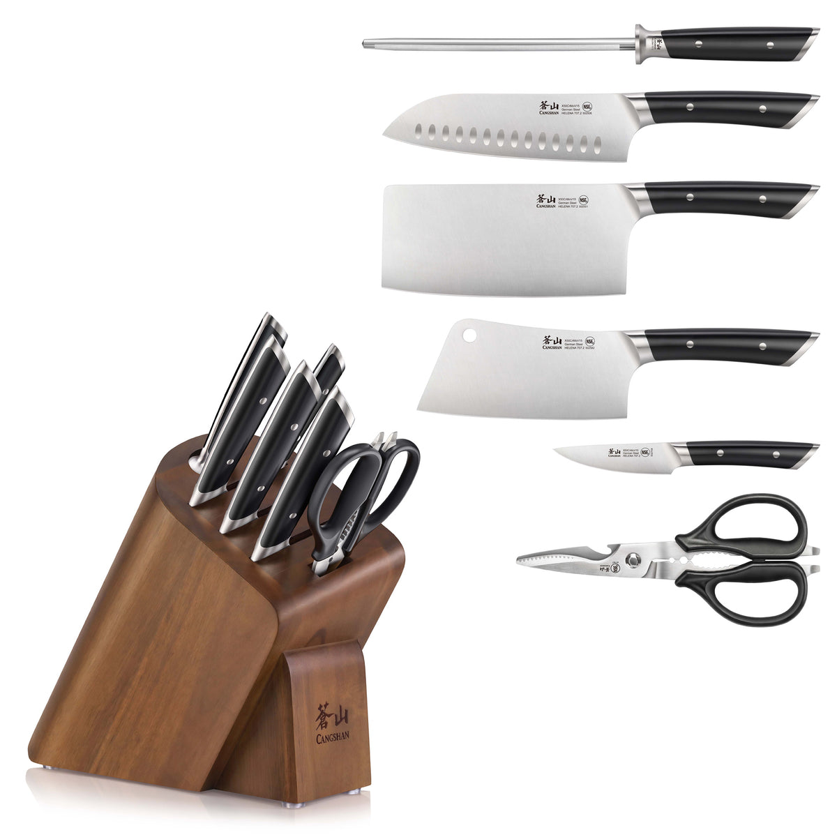 Knife block set with six knives, sharpening steel, kitchen scissors, and acacia wood block.