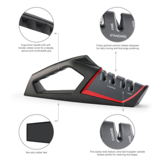 
                    
                      Hand-held knife sharpener with ergonomic handle, coarse and fine slots labeled for Asian and standard angles, and non-slip ru
                    
                  