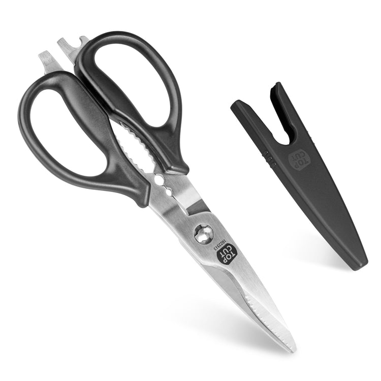 Heavy-duty kitchen shears with black handles and a separate black blade sharpener on a white background.