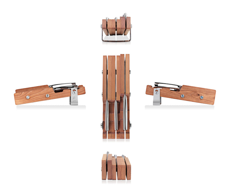 Four knives with wooden handles stored in a vertical wooden block, shown from multiple angles.