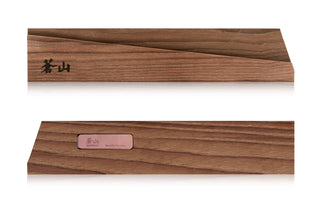
                    
                      Solid ash wood magnetic knife sheath with engraved logo and smooth finish shown from two angles.
                    
                  