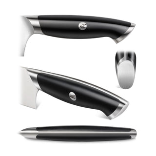 
                    
                      Black ergonomic handle of a Santoku knife with metal accents and a circular logo on the side.
                    
                  