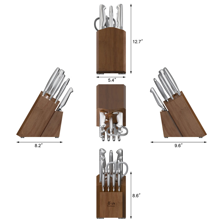 Knife block set with stainless steel knives and kitchen scissors, shown from five angles with dimensions.