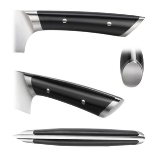 
                    
                      Black and silver knife handle with rivets shown from multiple angles against a white background.
                    
                  