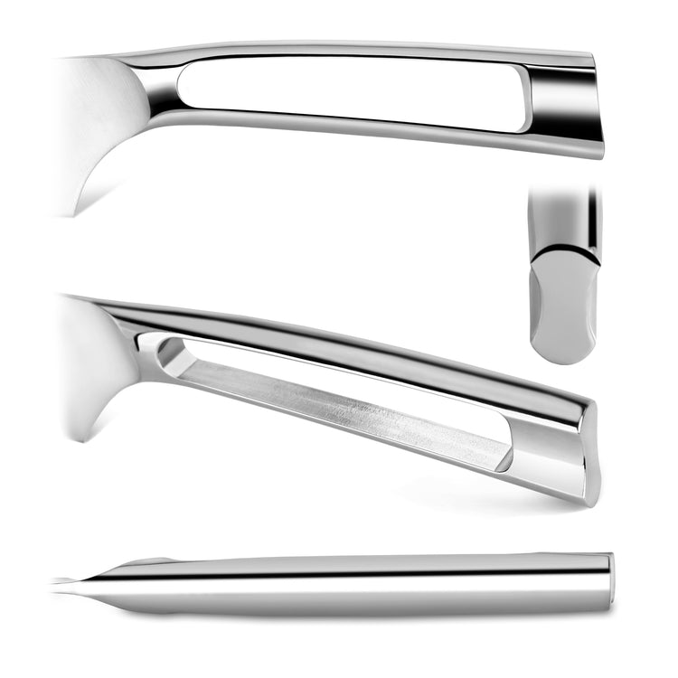 Close-up views of a sleek, stainless steel knife handle with an open rectangular cutout design.