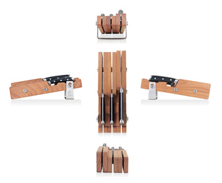 
                    
                      Four forged German steel knives with black handles stored in an ash wood block, shown from multiple angles.
                    
                  