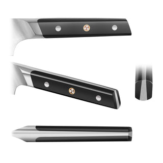 
                    
                      Close-up views of a black and silver knife handle with three rivets and a rounded end.
                    
                  