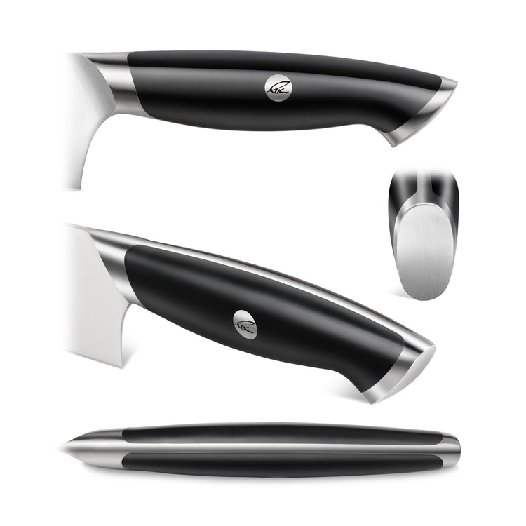 Black ergonomic knife handle with stainless steel accents and a round logo emblem, shown from multiple angles.