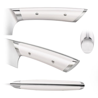 
                    
                      White ergonomic handle of a boning knife with stainless steel bolsters and rivets shown from multiple angles.
                    
                  