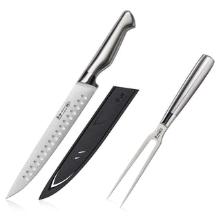 
                    
                      Carving knife with blade cover and two-prong carving fork, all with stainless steel handles.
                    
                  