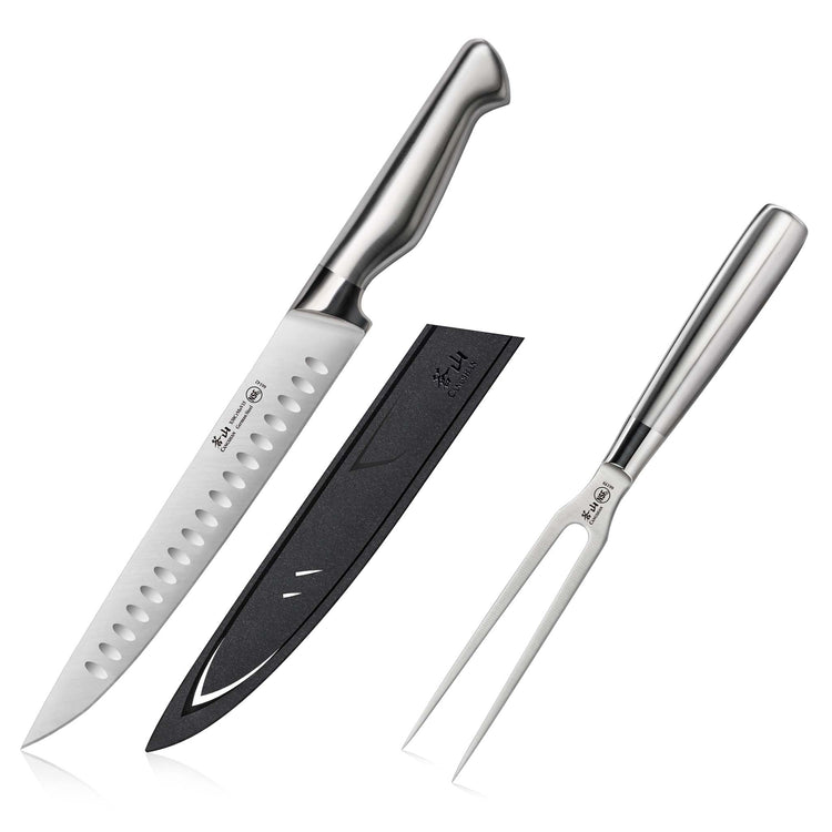 Carving knife with blade cover and two-prong carving fork, all with stainless steel handles.