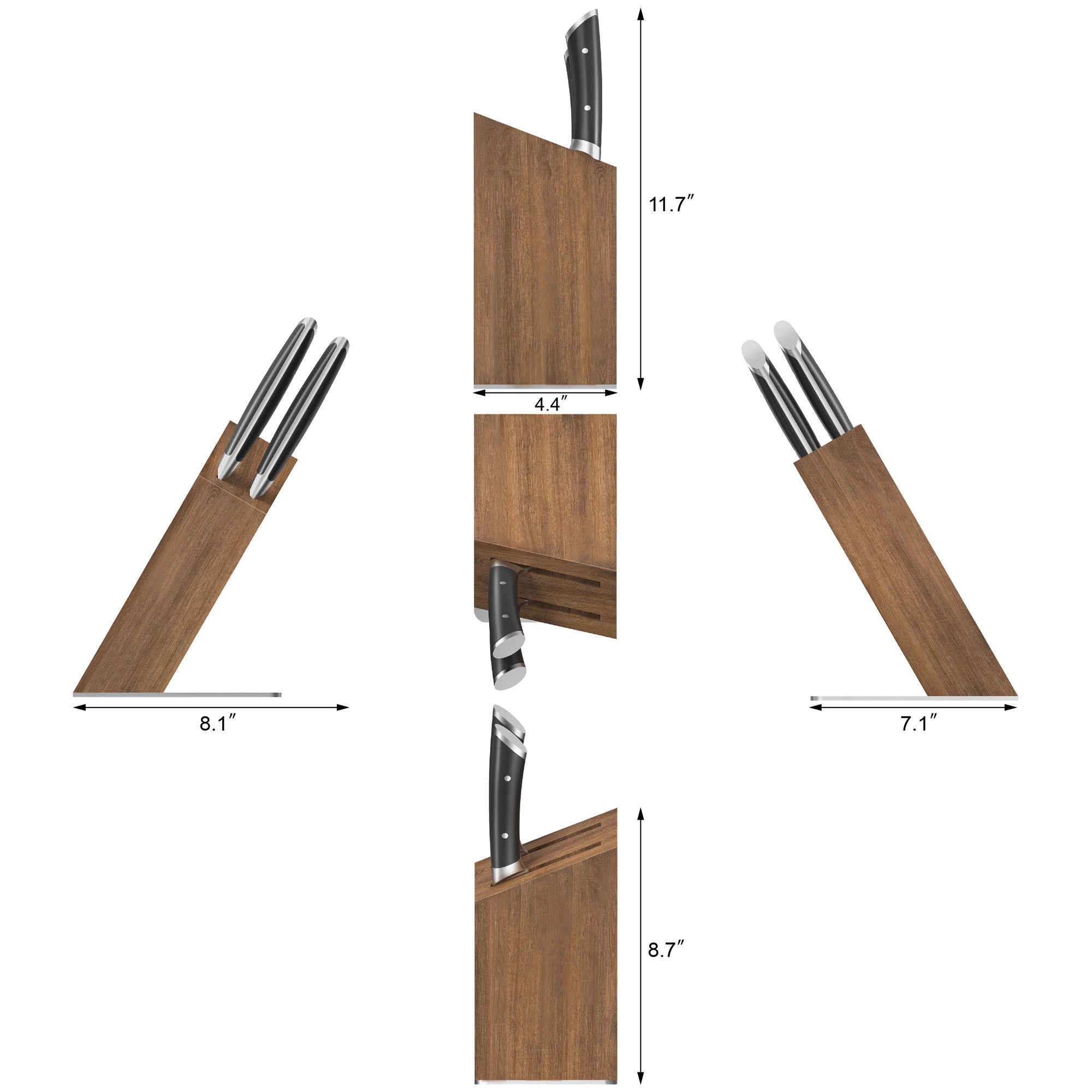 Wooden knife block with three knives, shown from multiple angles with dimensions: 11.7