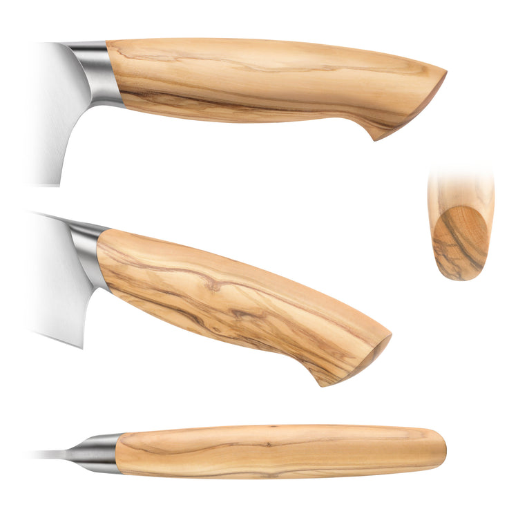Olivewood handle of a 3.5-inch paring knife shown from side, top, and end views with stainless steel bolster.