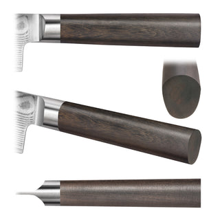 
                    
                      Dark African Blackwood handle with a cylindrical shape and metal bolster, shown from multiple angles.
                    
                  