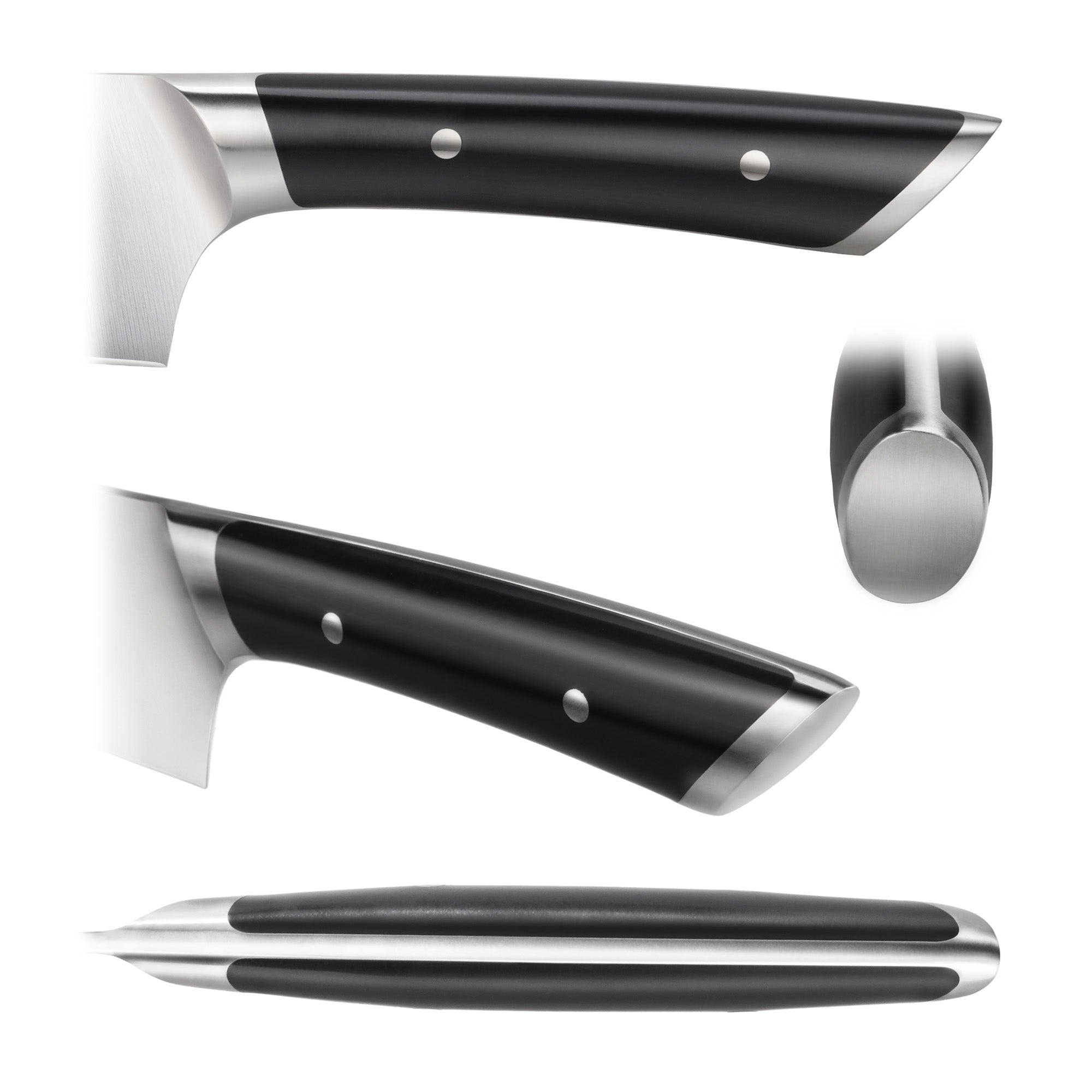 Black ergonomic handle of a Santoku knife with metal rivets and a polished metal end cap shown from multiple angles.