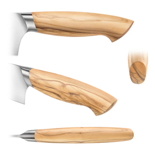 
                    
                      Olivewood handle of a steak knife shown from side, angled, top, and end views.
                    
                  
