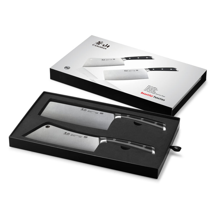 Two-piece cleaver knife set with black handles in a black foam-lined box, alongside the product packaging box.