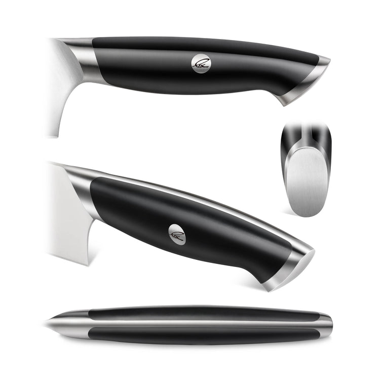 Black-handled steak knife with stainless steel bolster and pommel, shown from side, top, and end views.