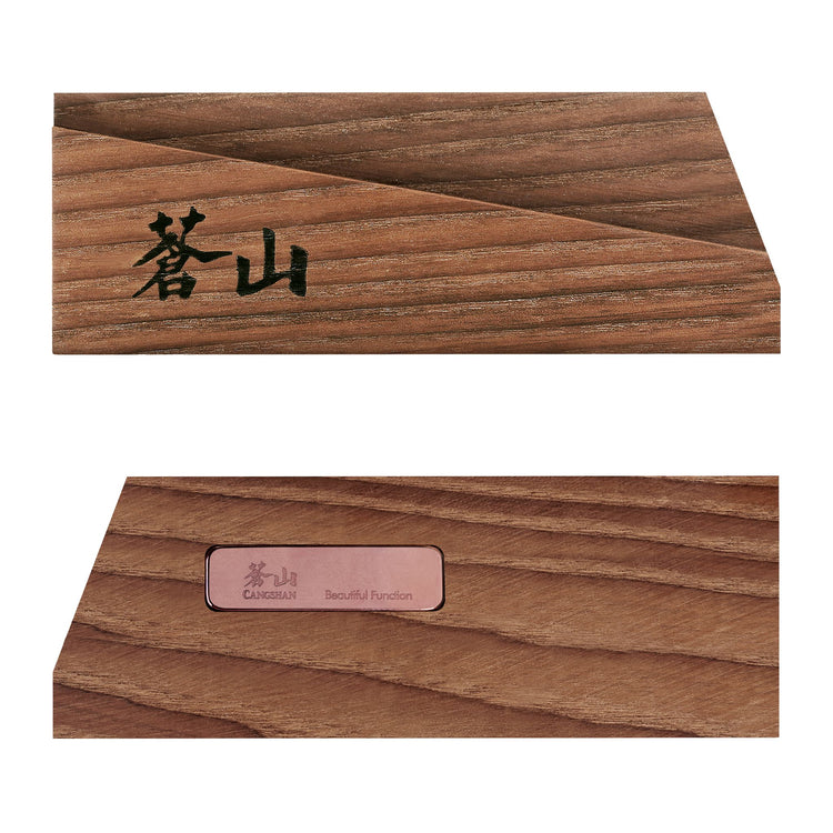 Solid ash wood magnetic knife sheath with Japanese characters on one side and a metal label on the back.