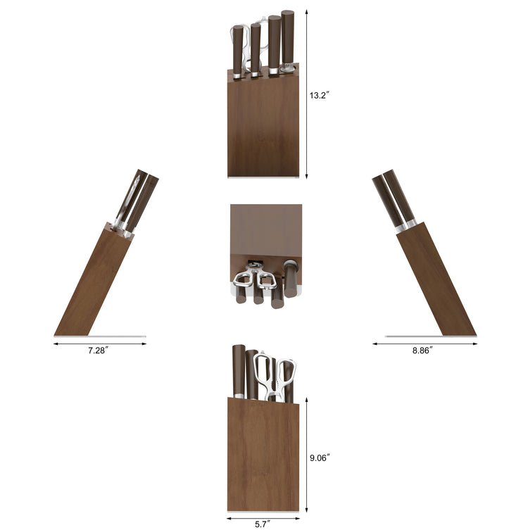 Wooden knife block with six knives and kitchen scissors, shown from multiple angles with dimensions.