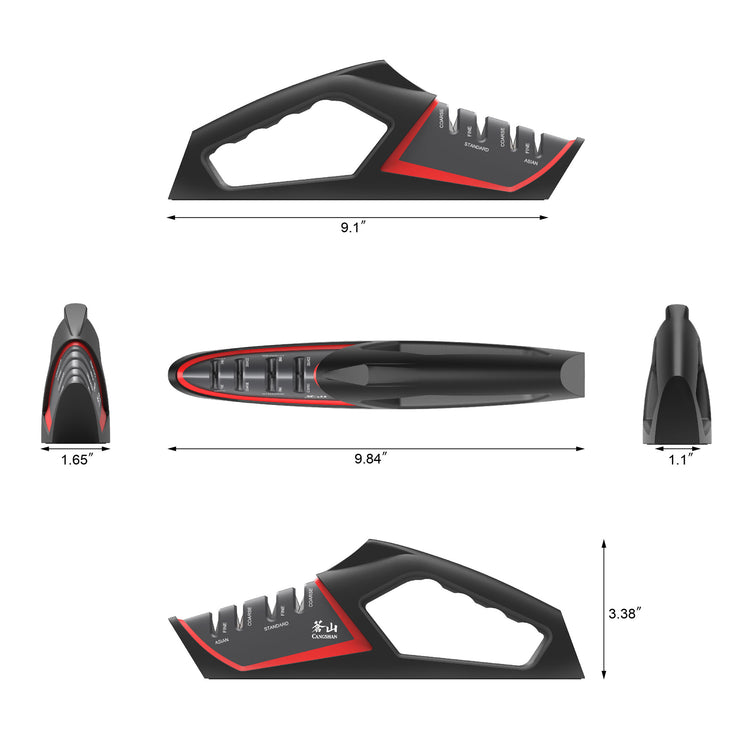 Black and red handheld knife sharpener with coarse and fine slots, shown from multiple angles with dimensions.