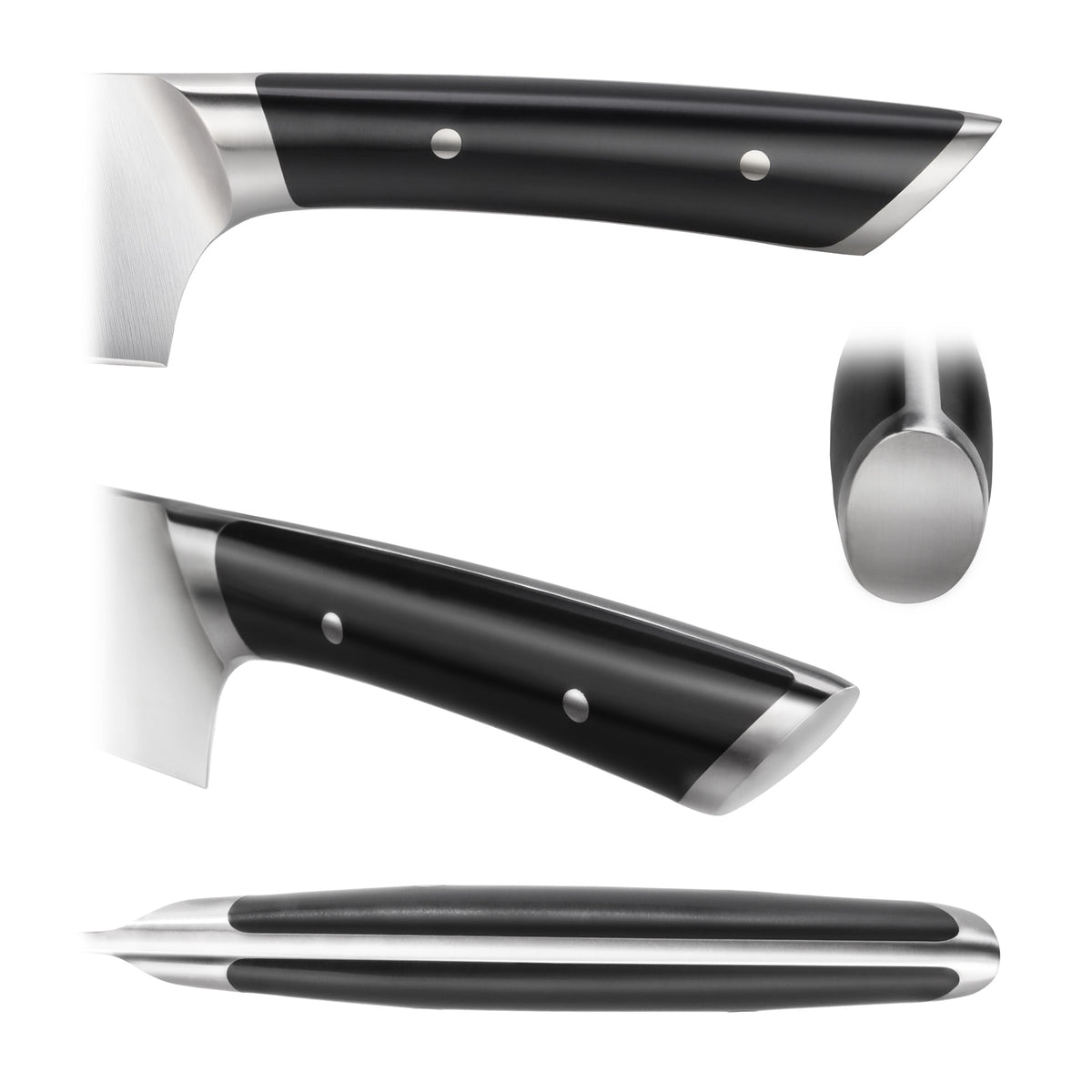 Black ergonomic handle of a steak knife with stainless steel bolsters and rivets, shown from multiple angles.