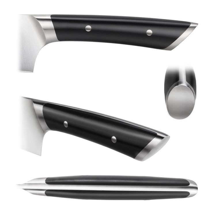 Black ergonomic handle of a boning knife with metal rivets and a stainless steel bolster and end cap.