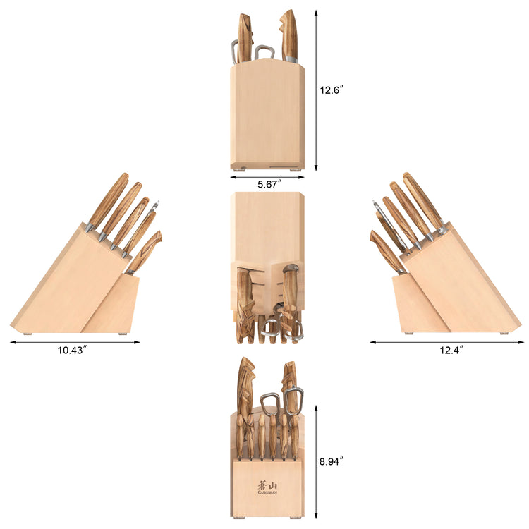 Knife block set with wooden handles, shown from four angles with dimensions in inches.