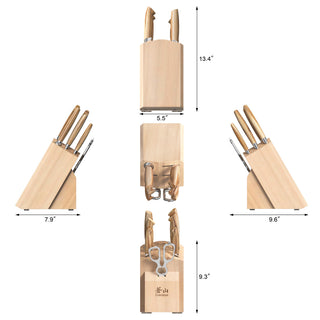 
                    
                      Maple knife block with eight knives and kitchen shears, shown from four angles with dimensions.
                    
                  