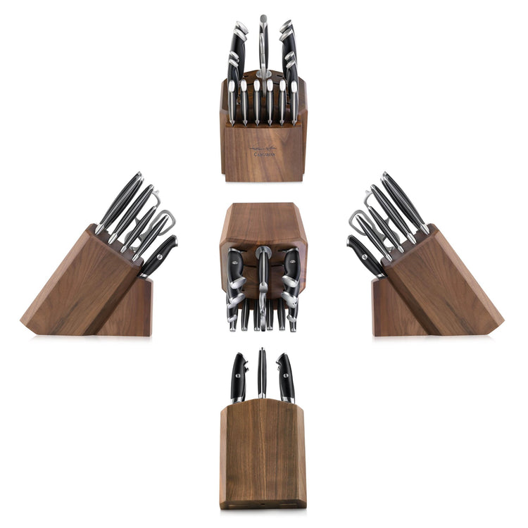Five views of a wooden 17-piece knife block set, showing front, back, side, and top angles.