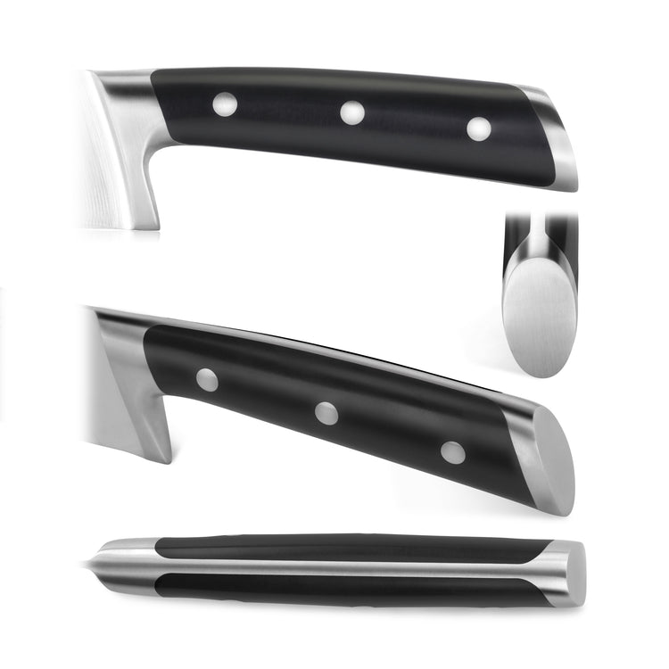 Black ergonomic knife handle with three metal rivets and stainless steel bolster and end cap shown from three angles.