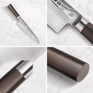 
                    
                      Japanese-style chef knife with a patterned blade and dark African Blackwood handle shown from multiple close-up angles.
                    
                  