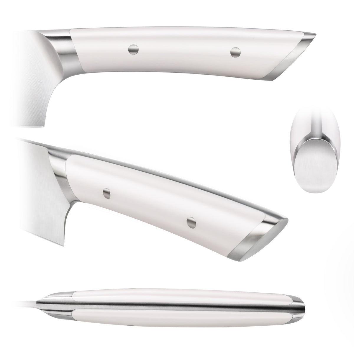 Close-up views of a white-handled cleaver knife with stainless steel accents on the handle and blade.