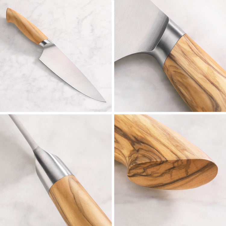 Chef's knife with a light wood handle and stainless steel blade shown from multiple close-up angles.