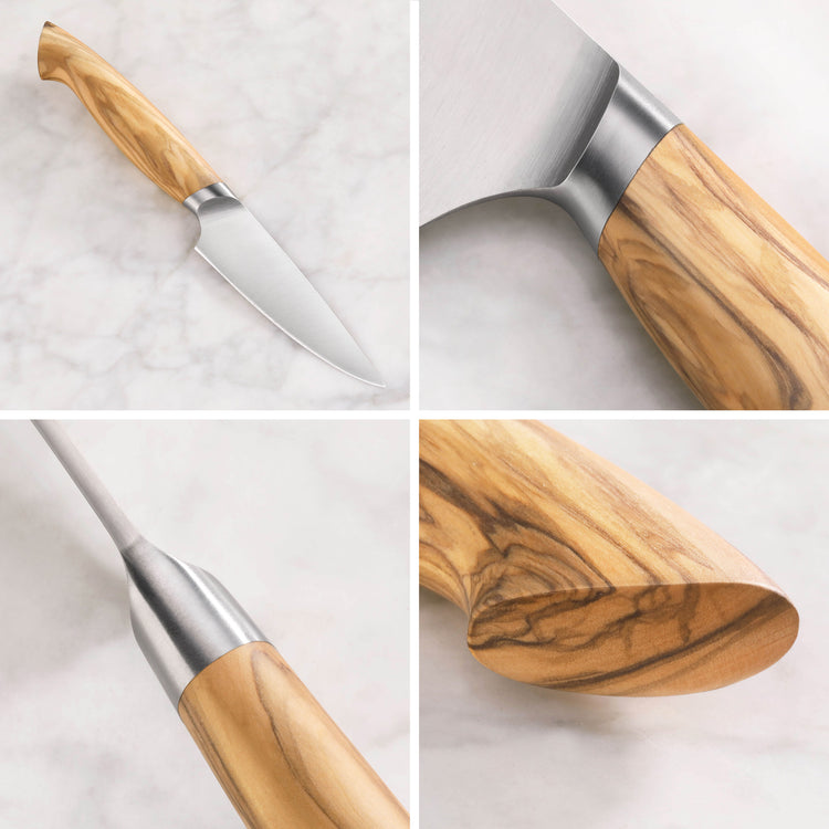 Paring knife with a 3.5-inch stainless steel blade and olivewood handle shown from multiple close-up angles.