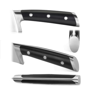 
                    
                      Black handle of a knife with three metal rivets and a stainless steel bolster, shown from three angles.
                    
                  