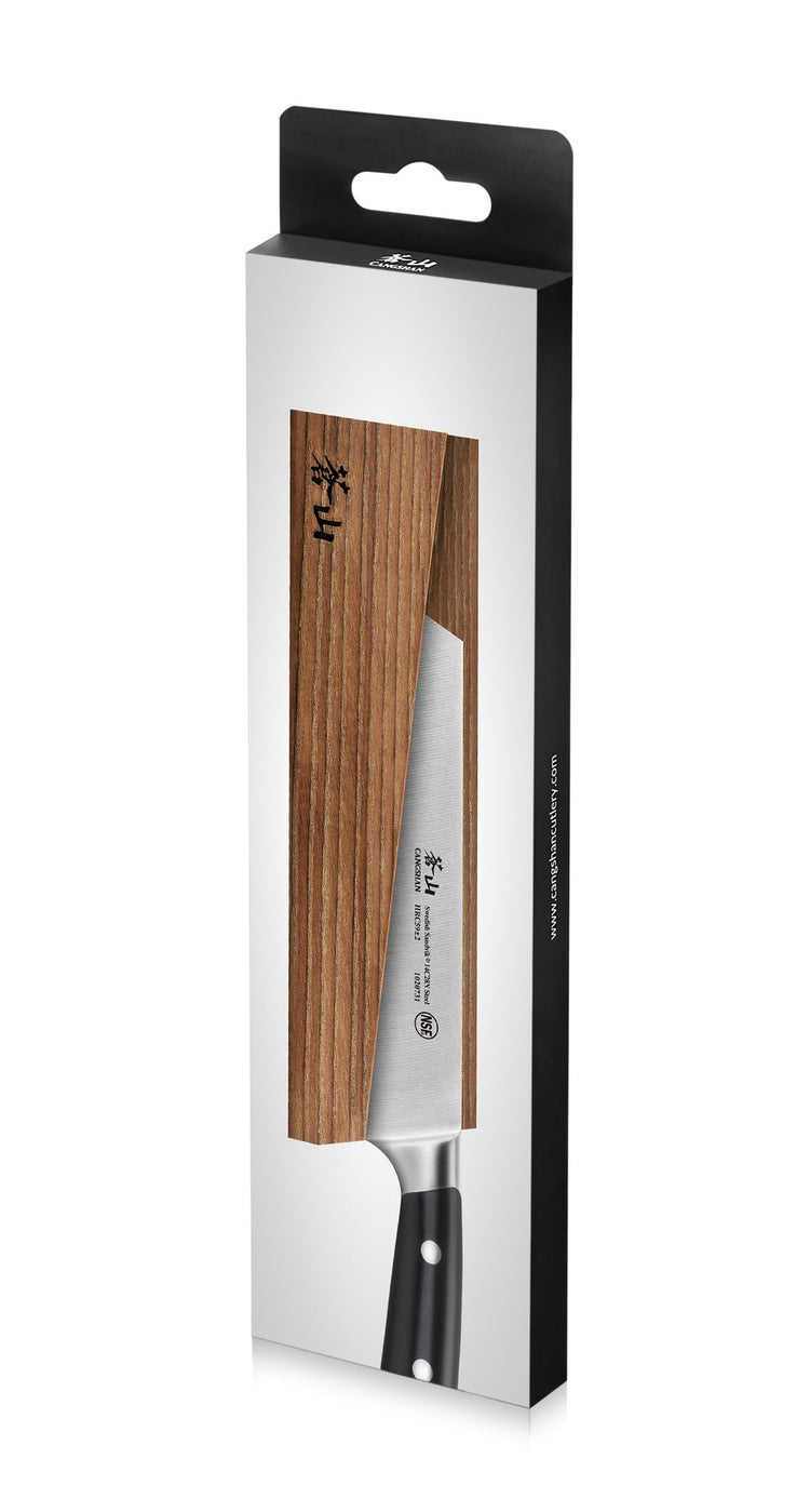 Solid ash wood magnetic knife sheath holding a kitchen knife with a black handle and stainless steel blade.