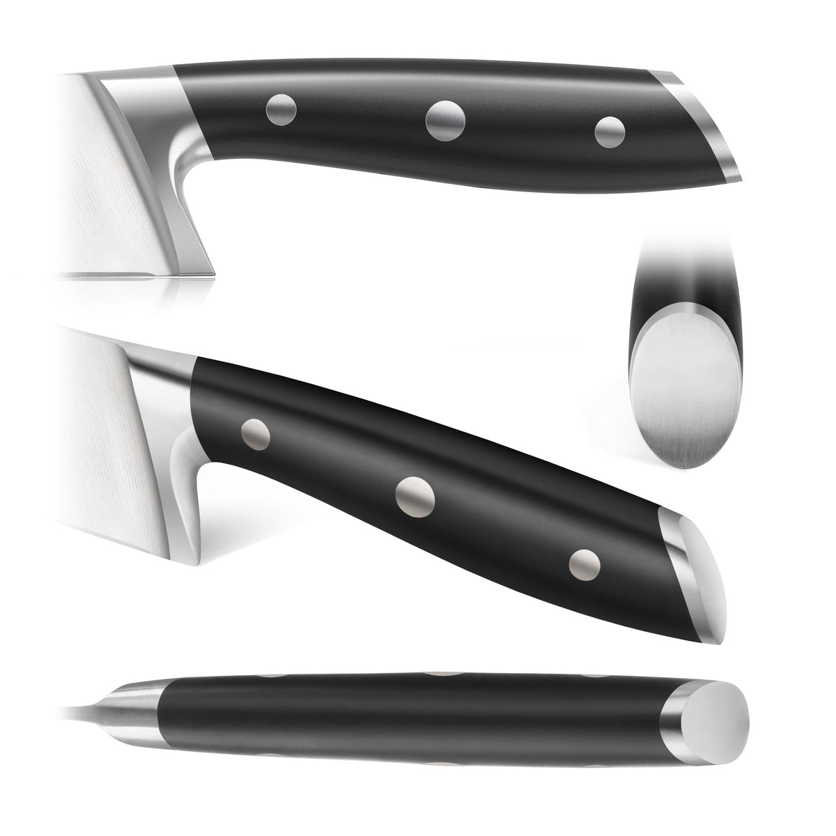 Black steak knife handle with three metal rivets and stainless steel bolster, shown from multiple angles.