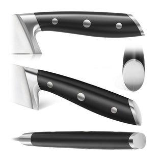 
                    
                      Black steak knife handle with three metal rivets and stainless steel bolster, shown from multiple angles.
                    
                  