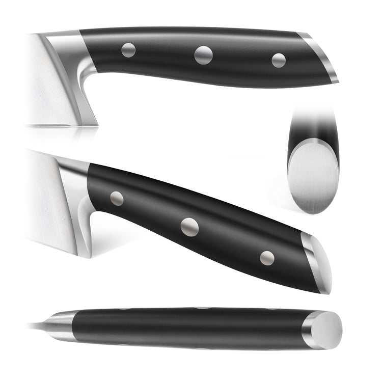 Black steak knife handle with three metal rivets and stainless steel bolster, shown from multiple angles.