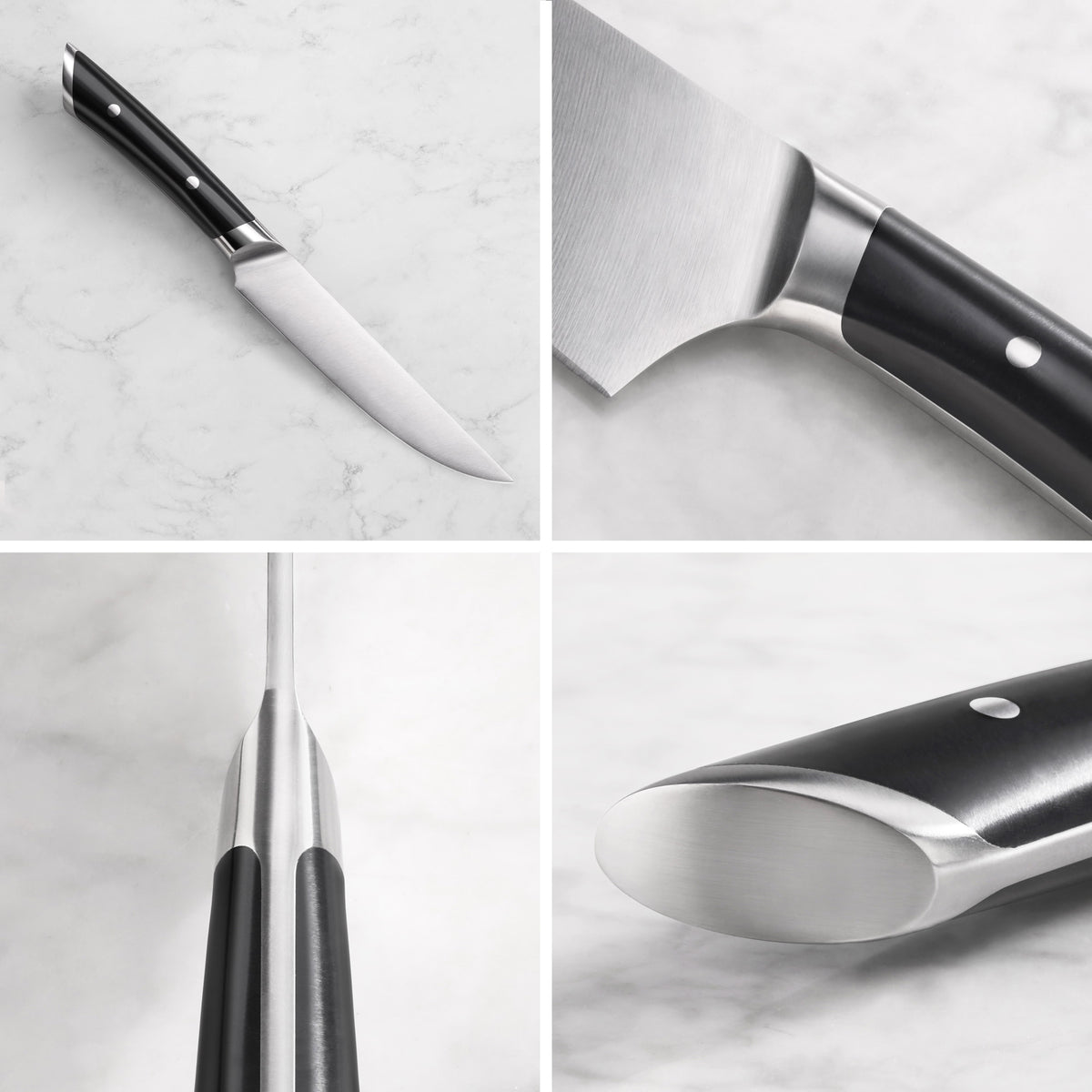 Four close-up views of a steak knife showing the full blade, blade-handle junction, blade thickness, and handle end cap.