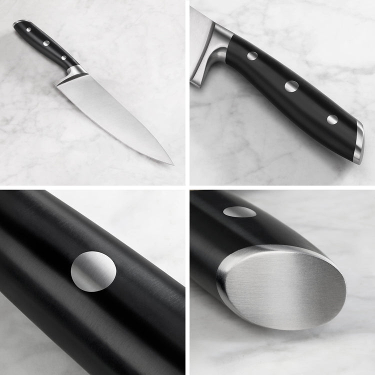 Chef knife with a black handle featuring three metal rivets, shown from multiple close-up angles on a marble surface.