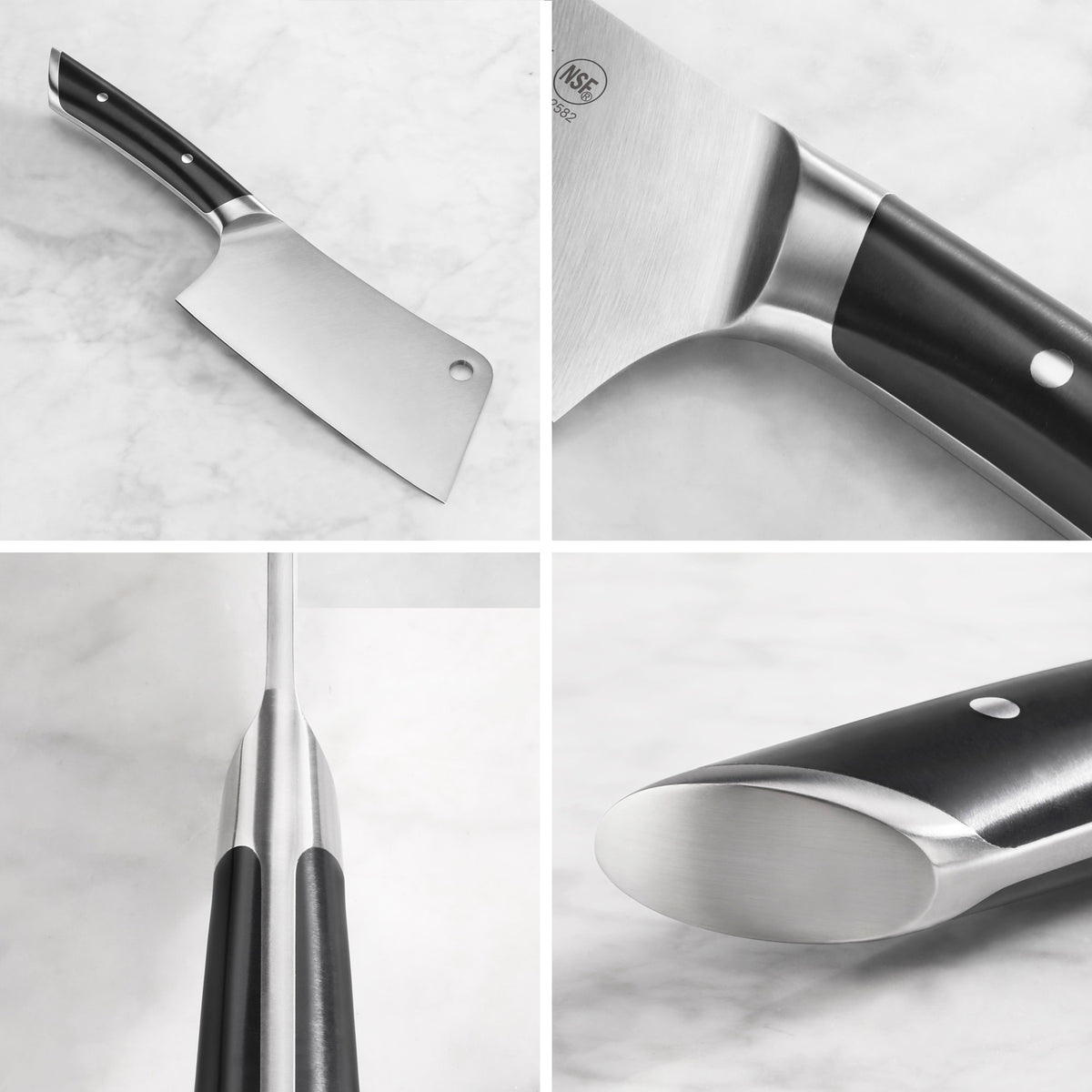 Cleaver knife with black handle and stainless steel blade shown from multiple close-up angles on a marble surface.