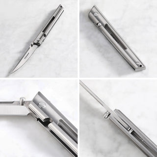 
                    
                      ZERO Series Folding Knife with fine-grained M390 steel blade, shown open and closed, highlighting locking mechanism and handl
                    
                  