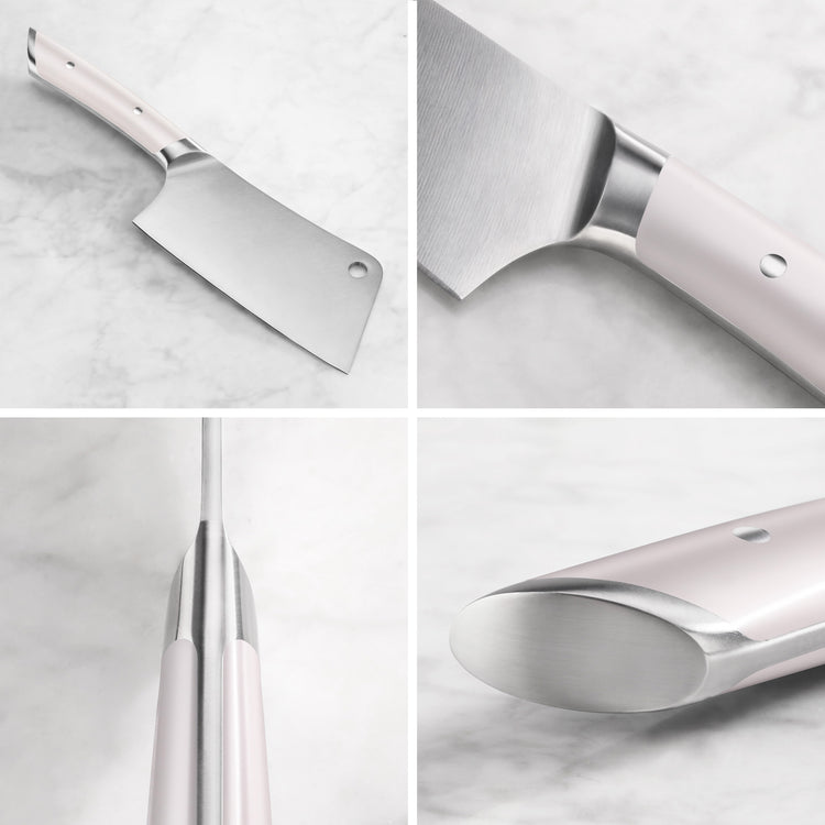 Cleaver knife with white handle and stainless steel blade shown from multiple close-up angles on a marble surface.