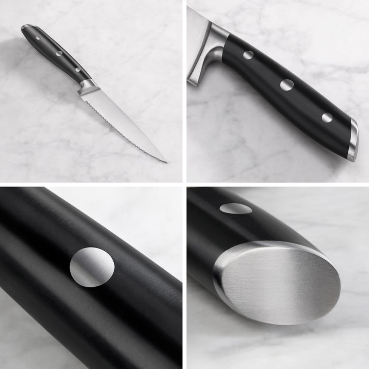 Black serrated utility knife with three metal rivets on handle, shown from multiple close-up angles on a marble surface.