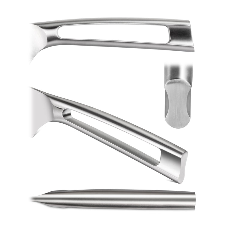 Close-up views of a stainless steel knife handle with a hollowed-out center and a rounded end.