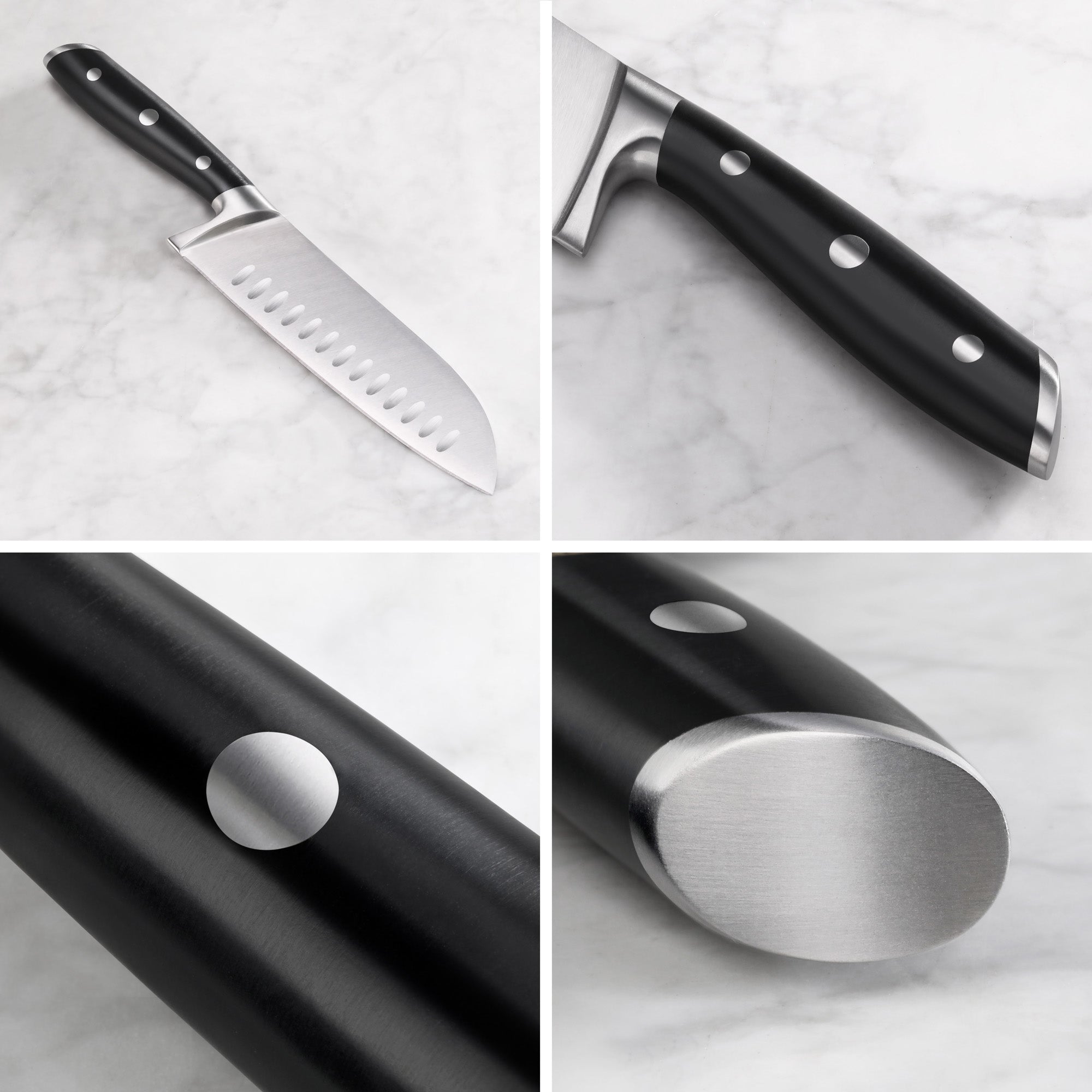7-inch Santoku knife with black handle, three rivets, and a hollow edge blade on a marble surface.