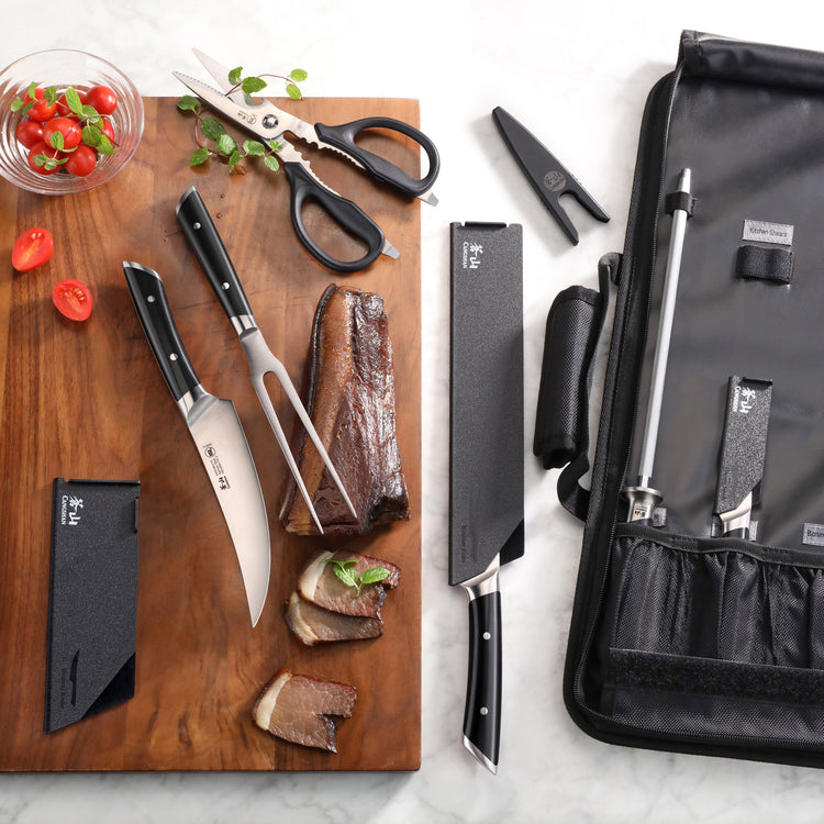 9-piece BBQ knife set with black handles, including carving knife, fork, scissors, sharpening steel, and black carrying case.