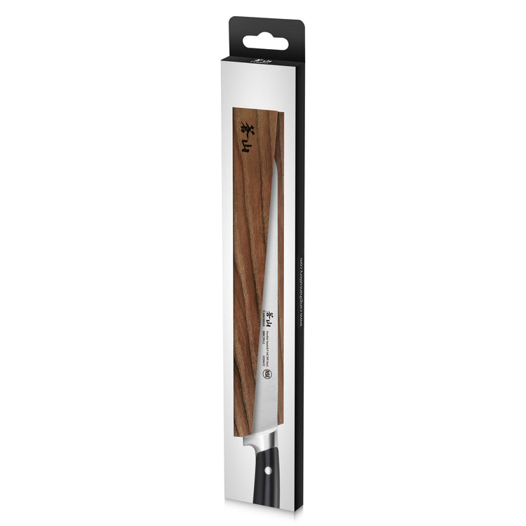 Magnetic knife sheath made of solid ash wood covering a kitchen knife blade in retail packaging.
